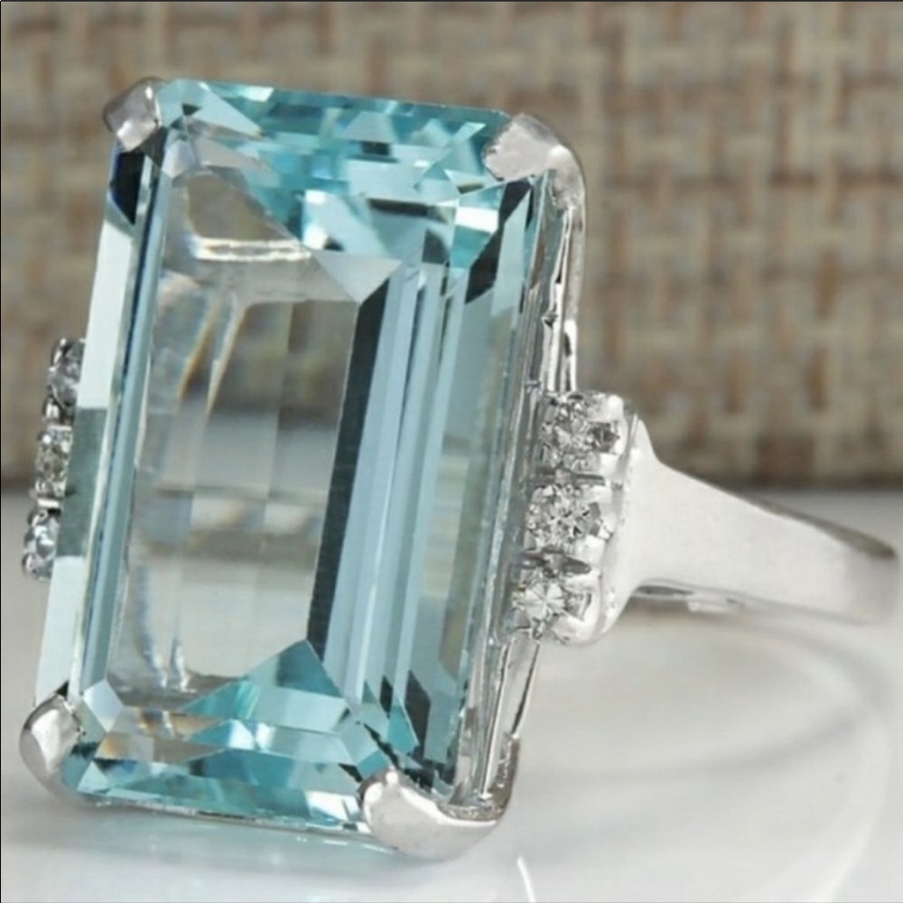 NEW💍HUGE AQUAMARINE DIAMOND 925 SILVER RING - Picture 4 of 7